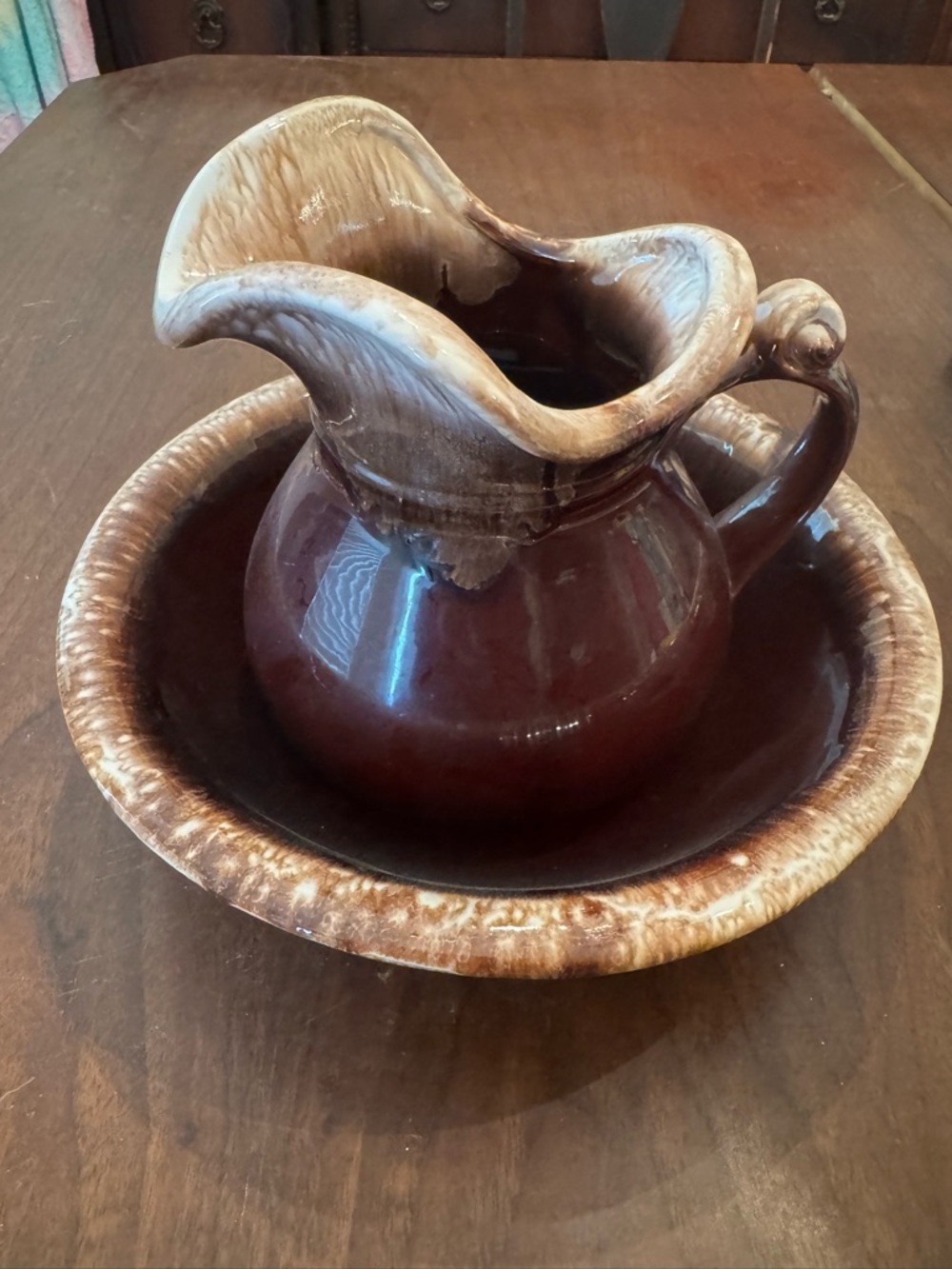 McCoy Pottery Brown Drip Lava Glaze Set~ USA 7" Pitcher & Bowl
